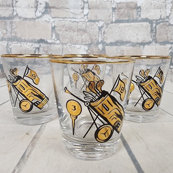 Vintage 60s Dominion Barware 19th Hole Golf Highball Glasses Set of 4 Gold  Gild - Picture 2 of 11